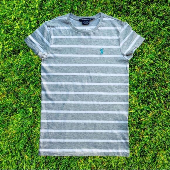 Ralph Lauren Heather Gray and White Striped Cotton Tee with Turquoise Logo - Picture 7 of 10